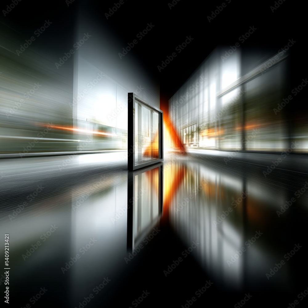 Poster Hallway of Modern Architecture with Reflections and Motion Blur: A Study in Light and Space