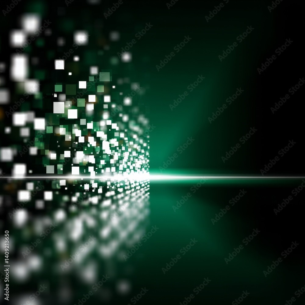 Poster illuminated cubes reflecting on a green floor with dark background, abstract futuristic tech landsca