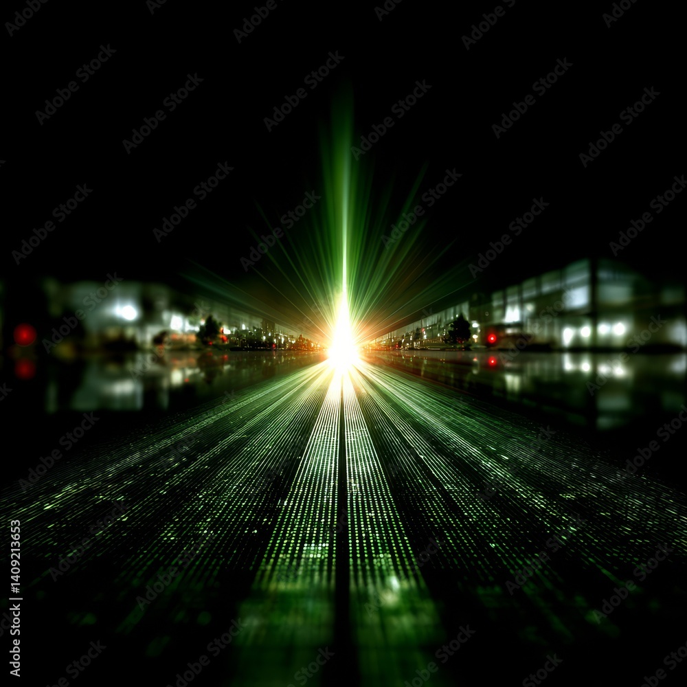 Poster illuminated future: a glowing path through the city, leading to innovation and green technology adva