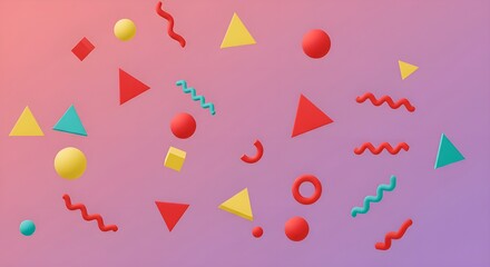 Geometric confetti in bold red, yellow, and teal on soft gradient background – modern high-resolution design with isometric lighting