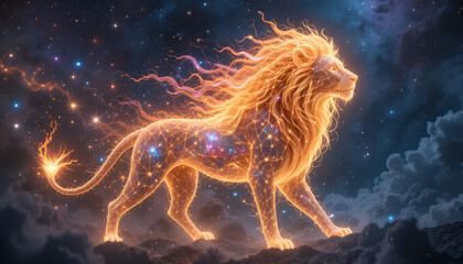 "A lion formed from stars and nebulae, glowing in the colors of the galaxy, cosmic mane flowing like solar wind, space background, divine and powerful aura, fantasy style, ultra-detailed concept art"

