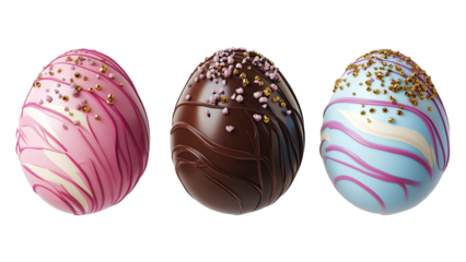 Luxurious chocolate Easter eggs pastel and dark chocolate coatings adorned with frosting, pearls, and sprinkles, isolated on white transparent background