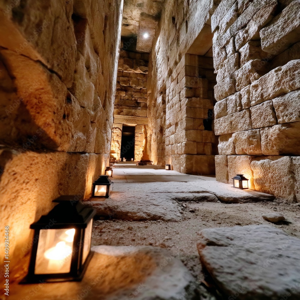 Poster mysterious stone passage lit by lanterns: exploring ancient architecture and the shadows of time
