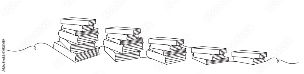 Fototapete one line art concept of books in line and stacked positions. black lines on transparent background. 