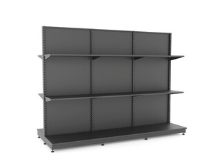 storage box isolated on white. empty black retail shelving unit with three adjustable tiers, isolated on white background. Perfect for supermarket mockups, store planning, merchandising. 3d render.