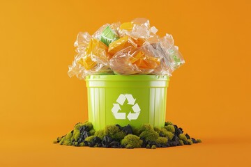 Plastic waste overflowing a recycling bin.