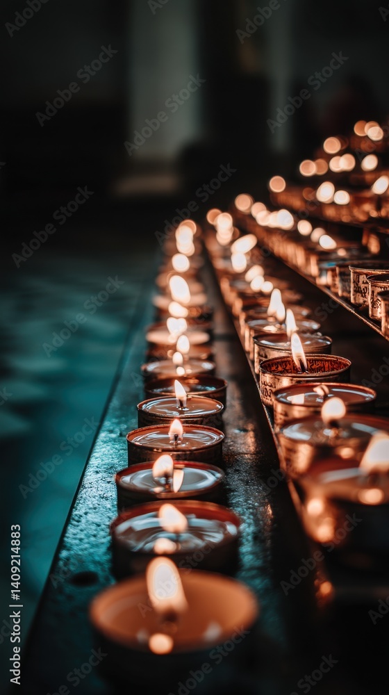 Poster row of warm candle flames flickering in dim light creating a serene and spiritual atmosphere with so