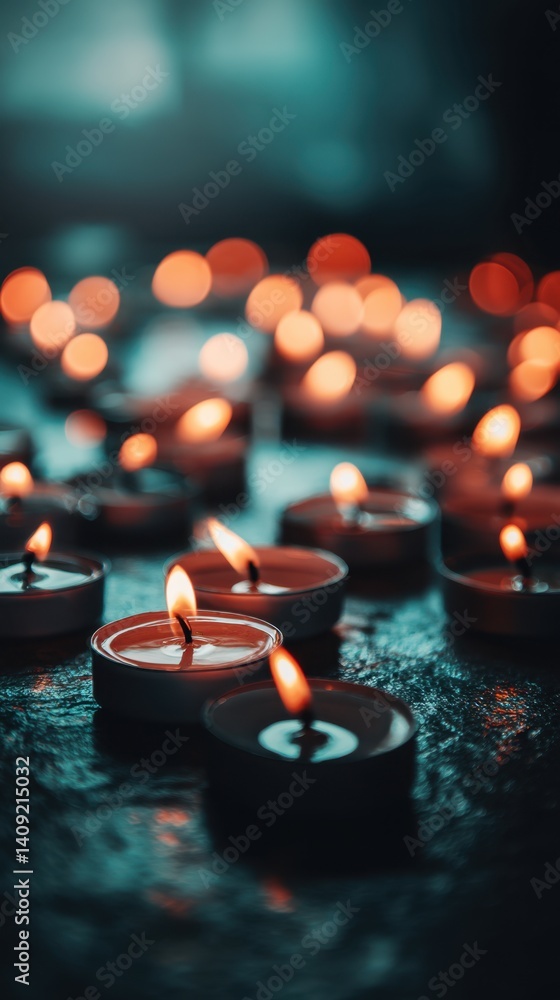 Poster warm candlelight illuminating a dark surface creating a serene and reflective atmosphere with blurre