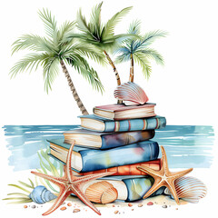 Stack of colorful books by the serene beach with seashells and palm trees under the warm sun Generative AI