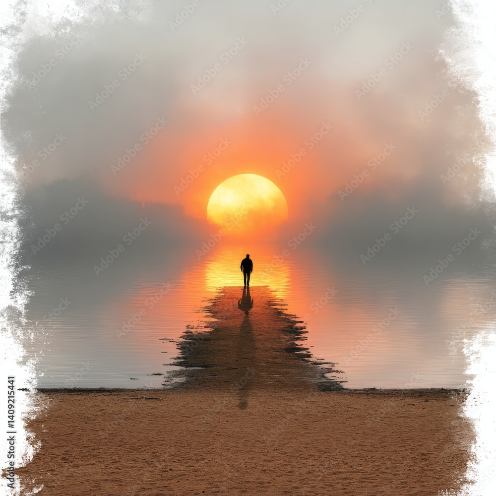 Poster solitary figure walks towards a giant rising sun reflected on the water, creating a path to hope and
