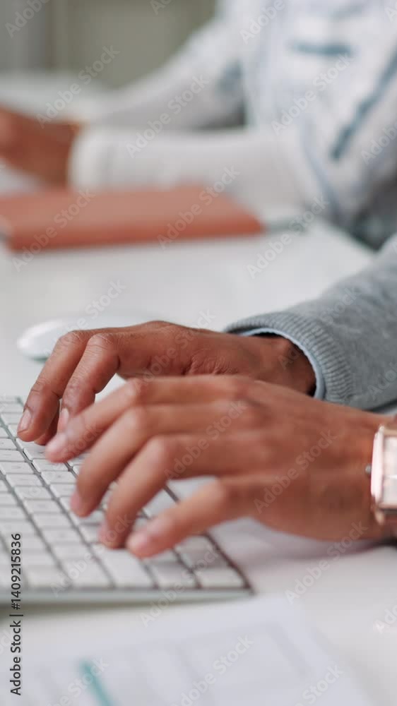 Aufkleber Hands, keyboard and typing of business person on computer for report or feedback in office. Email, internet and network with employee man for information communication, planning and research