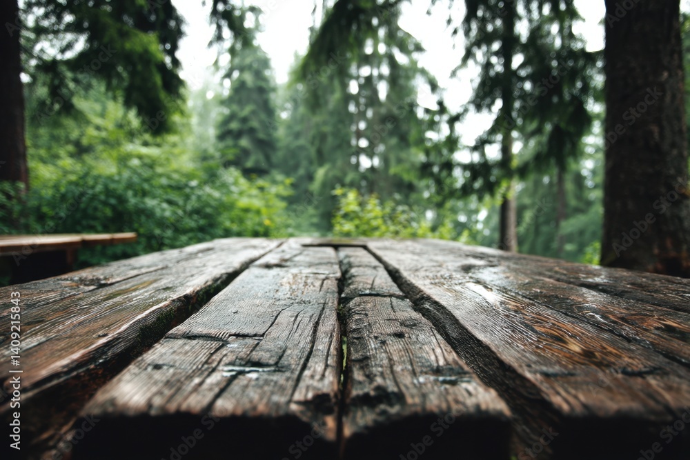 Poster rustic wooden table surface in lush forest setting capturing serene nature scene with greenery and a