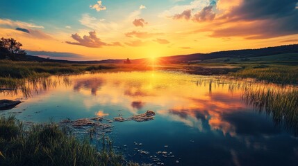 Fototapeta premium Scenic sunset over a lake in a tranquil natural setting. Perfect for nature, travel, or peaceful themes.