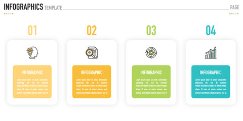 Rectangular infographic template or element with 4 step, process, option, colorful rectangle, icons, triangle, paper origami, button, tag, circle, circular, square bar for sale slide, internet planner