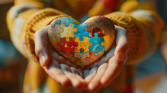Sunlit child holding a heart-shaped puzzle, symbolizing the complexities and diversity of autism. autism puzzle piece emotional, disability day puzzle pieces heart, healthcare puzzle heart autism day