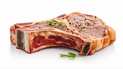 Raw beef steaks, raw meat on a white background. Raw beef steak, pork chops, meat on a plate, slice of bacon