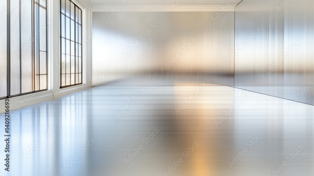 Poster a mirrored surface with a subtle brushed finish, offering a modern, industrial texture with soft lig