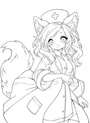 Black and white line art for coloring a cute anime girl with ears.