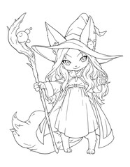 Black and white line art for coloring a cute anime girl with ears.