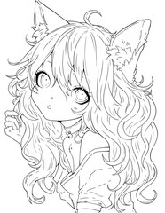 Coloring page of anime girl with cat ears. Black and white outline drawing of cute girl in anime style.