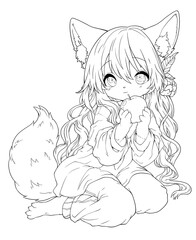 Black and white line art for coloring a cute anime girl with ears.