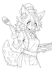 Black and white line art for coloring a cute anime girl with ears.