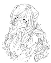 Black and white line art for coloring a cute anime girl with ears.