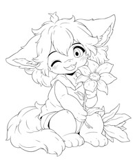 Black and white line art for coloring a cute anime girl with ears.