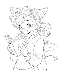 Black and white line art for coloring a cute anime girl with ears.
