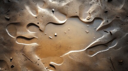 A muddy texture on the edge of a riverbank, with subtle ripples and debris visible in the soft, earthy surface of the ground.