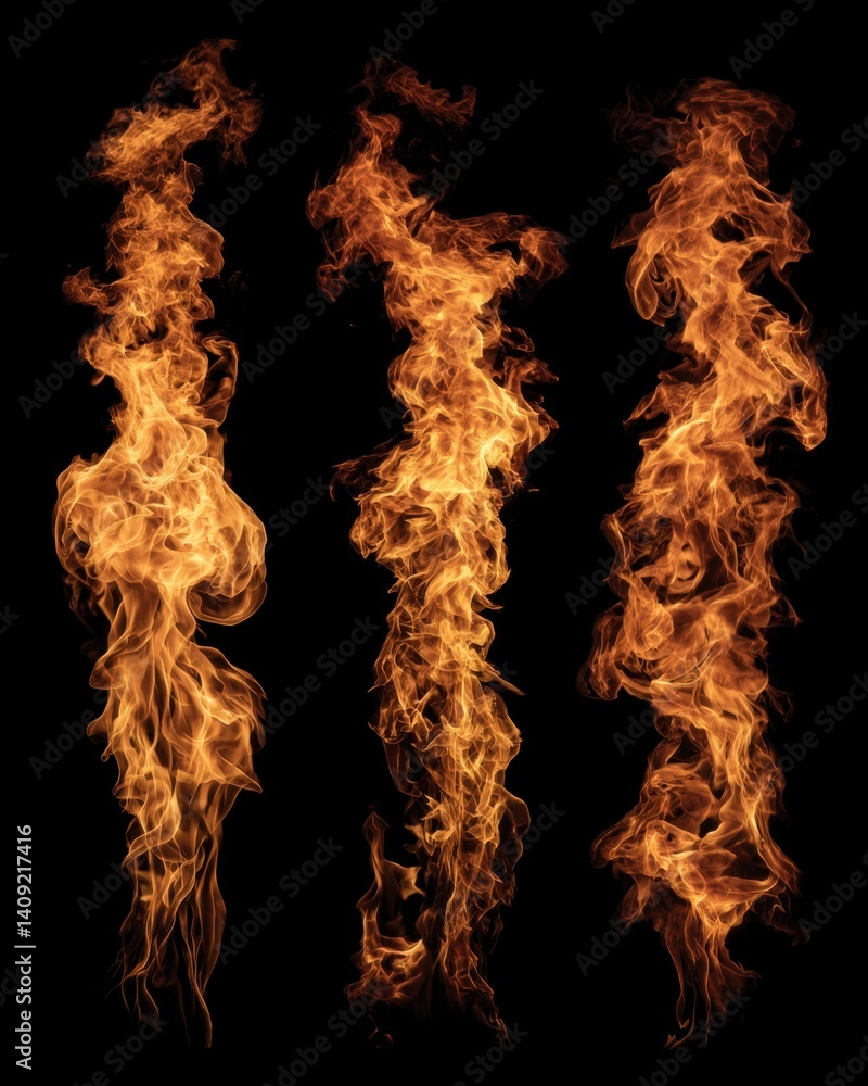Poster three isolated flames dancing against a stark black background creating a mesmerizing fiery spectacl