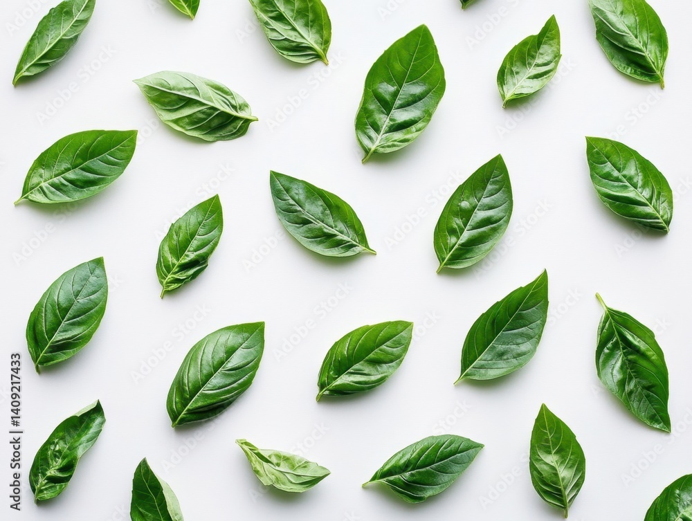 Poster fresh basil leaves elegantly scattered on a pristine white surface creating a vibrant and aromatic c