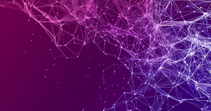 Fondo abstracto de tecnologia y ciencia.Malla o red purple con lineas y formas geometricas