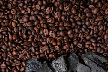 Coffee beans and charcoal, natural production concept