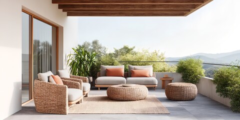 Fototapeta premium A patio with a wooden table and chairs, a rug, and a potted plant.