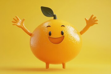 Joyful Orange Mascot: A vibrant and cheerful orange mascot, radiating happiness and positivity with its welcoming open arms against a bright yellow backdrop. 