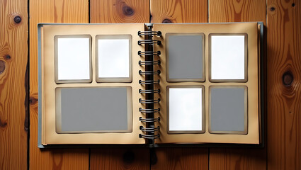 Vintage Spiral-Bound Scrapbook on Wooden Surface – Rustic Brown Cover with Photo Placeholders for DIY Memories
