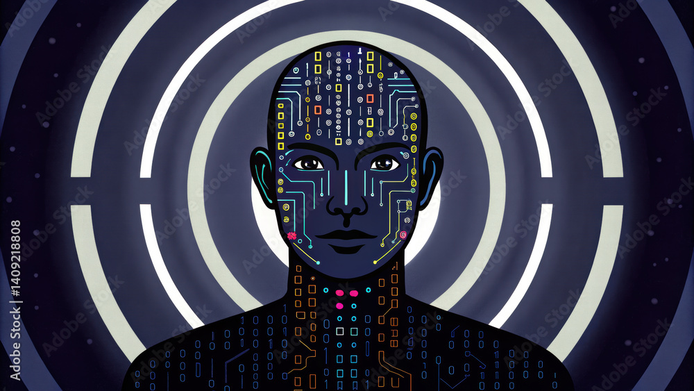 Poster futuristic humanoid figure with circuit like pattern its face, surrounded by concentric circles, sym