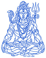 Chaotic scribbled vector line art of Lord Shiva in meditative pose with trident and snake. Abstract spiritual Hindu artwork. Shiva, god, meditation, chaotic, line art, trident, vector, divine, blue