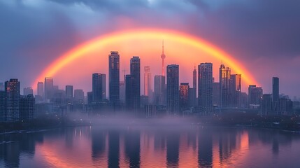 Fototapeta premium Rainbow Over Toronto Skyline at Sunrise with Reflections in the Water