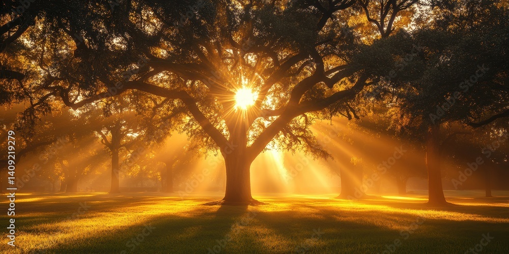 Poster golden rays through the ancient tree canopy: capture the serene essence of dawn. sun rays stream thr
