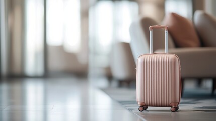 A sleek, rose-gold suitcase stands in a modern lobby, hinting at travel and adventure, with soft seating in the background creating an inviting atmosphere.