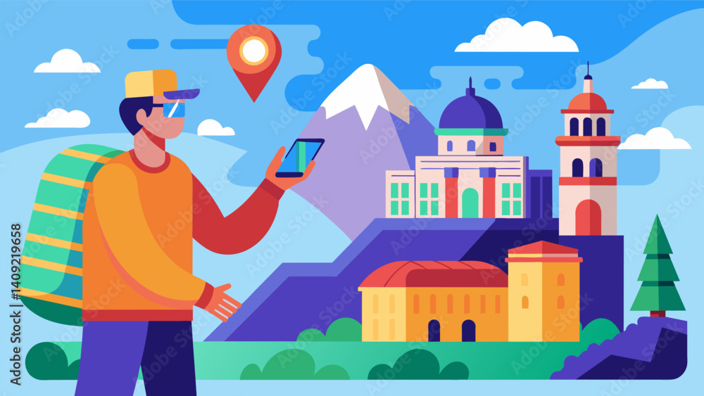 Aufkleber a tourist using augmented reality data to learn about historical landmarks and their significance as