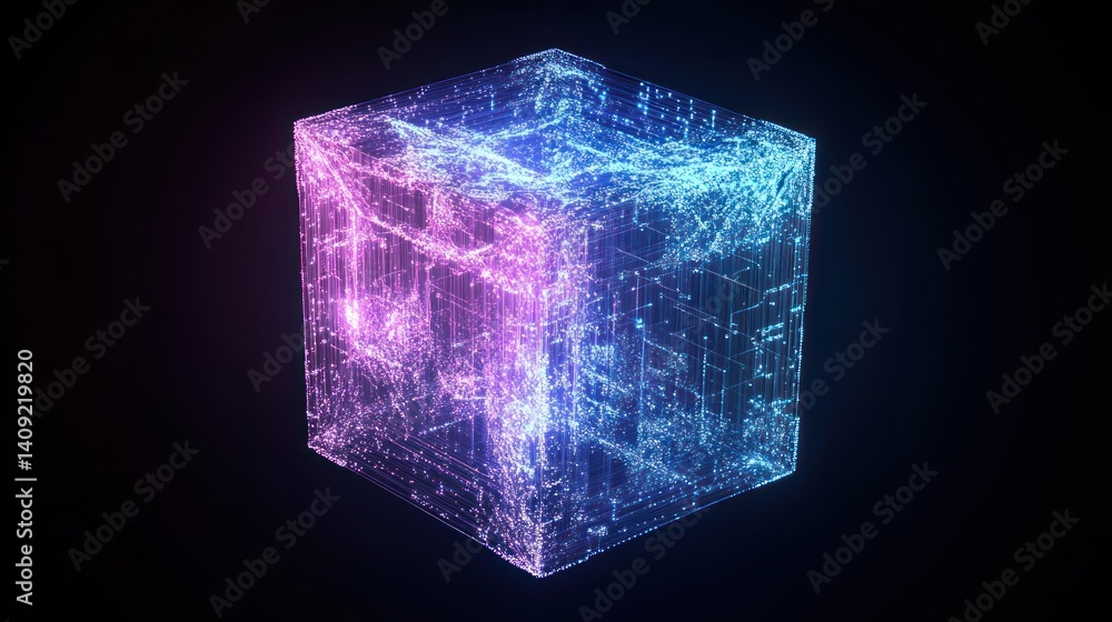 Poster abstract luminous cube composed of interconnected points against a dark backdrop