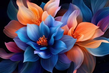 Obraz premium Vibrant blue and orange flowers blend harmoniously in a dark, dramatic background.
