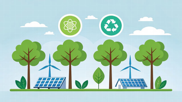 Sustainable energy sources represented by solar panels, wind turbines, and trees, promoting eco friendly practices