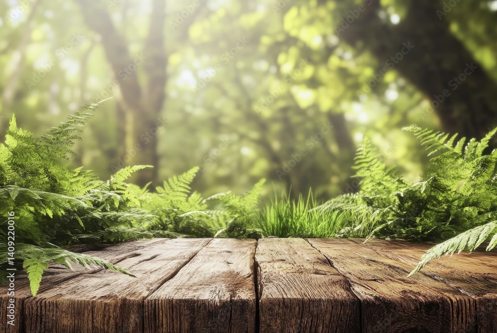 Poster rustic forest scene: a close-up captures the textures of an old, weathered wooden table set against 