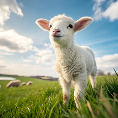 Obraz premium White sheep and young lambs graze in a green spring meadow.
