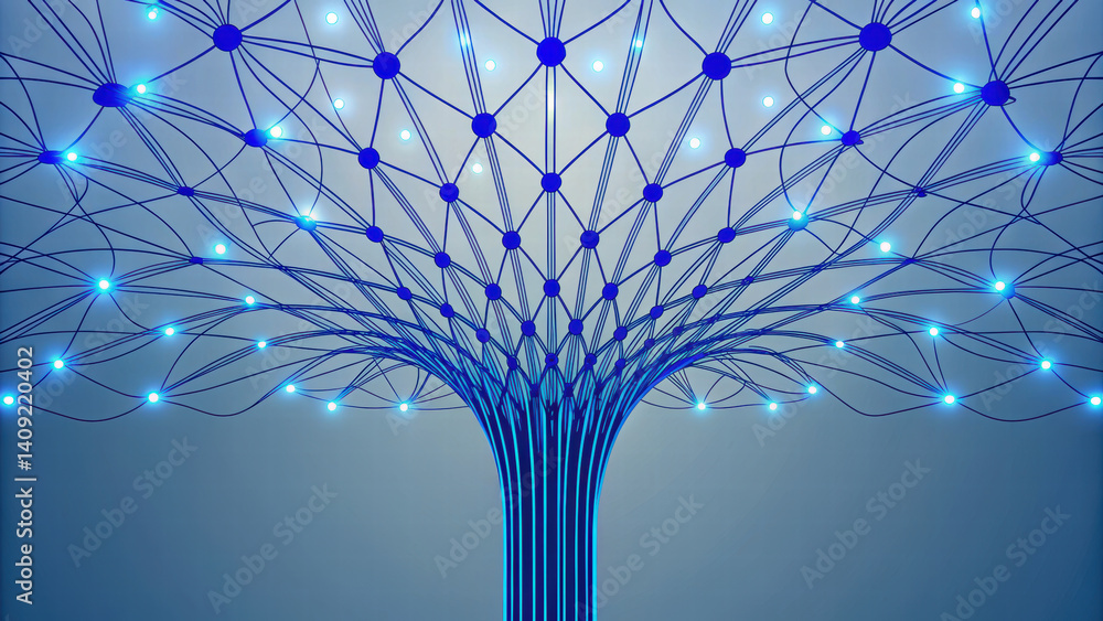 Poster digital representation of tree structure with blue lines and glowing nodes, symbolizing connectivity