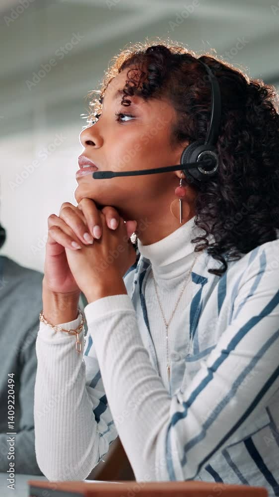 Poster Call center, woman and frustrated in customer support with help desk, communication and online consultant. Contact us, headset and technical service with stress, problem solving or agent for hotline